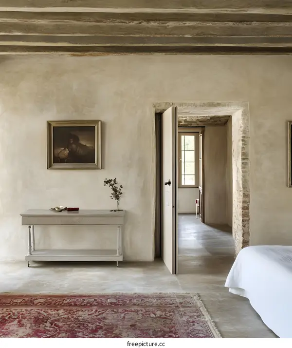Rustic Interior Design with Wooden Beams and a White Console Table