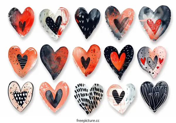 A set of hand-painted watercolor hearts in various styles