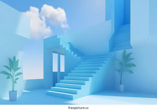 Minimalist Blue Staircase Design With Plants and Sky