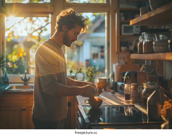 Bearded man making coffee in the morning