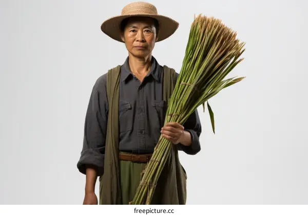 A woman farmer holding a bundle of harvested rice