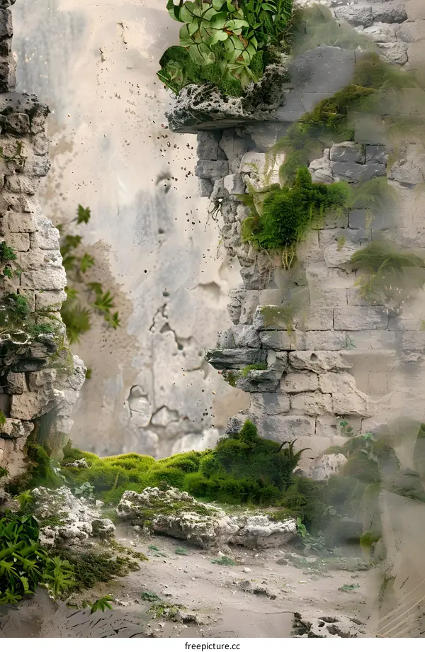 Ruined Stone Wall With Green Moss and Plants