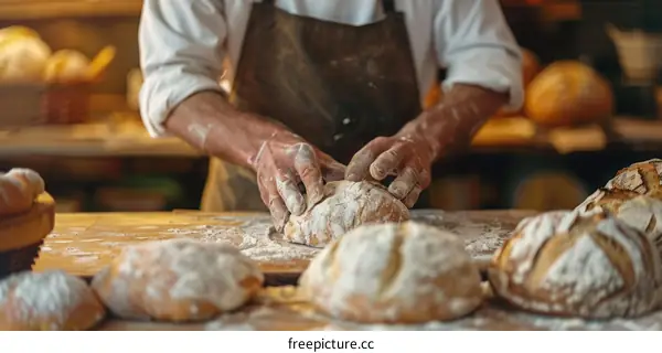Baker kneading dough in a bakery