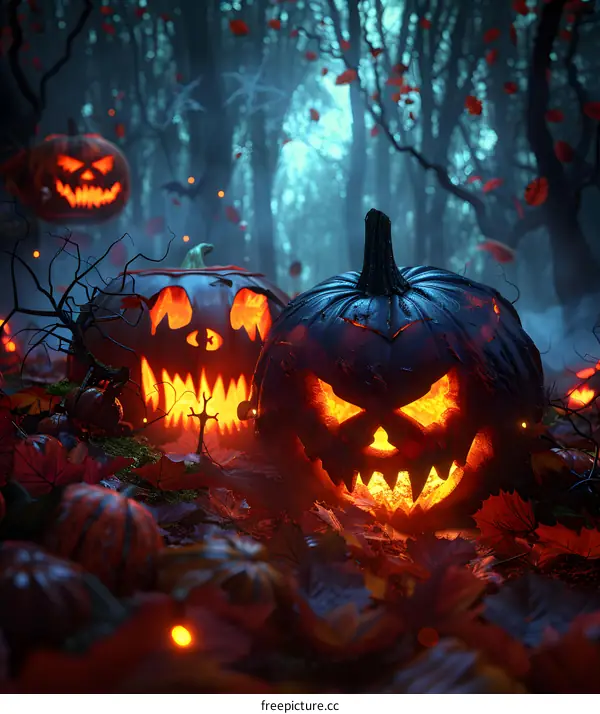 Scary Halloween pumpkins in a spooky forest