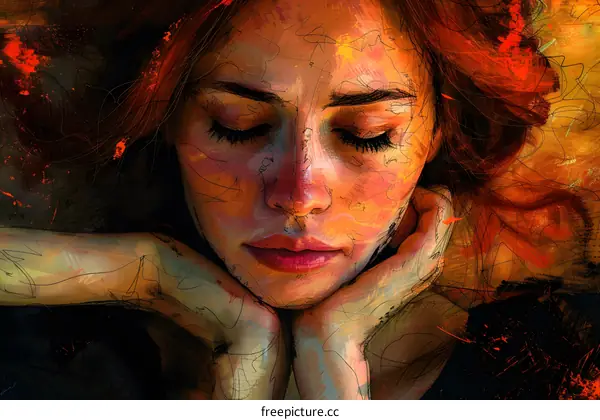 Portrait of a young woman with red hair and eyes closed