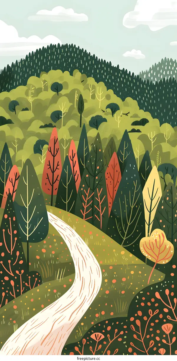 Forest Path Illustration With Winding Road and Green Trees