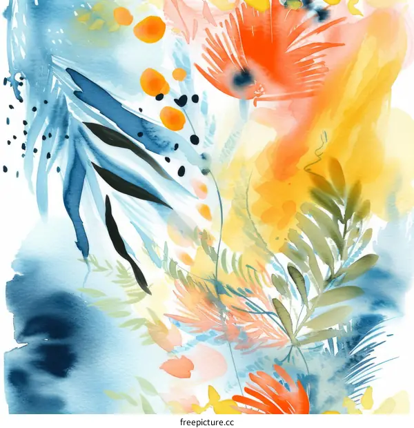 Vibrant Watercolor Floral Illustration with Tropical Plants and Leaves
