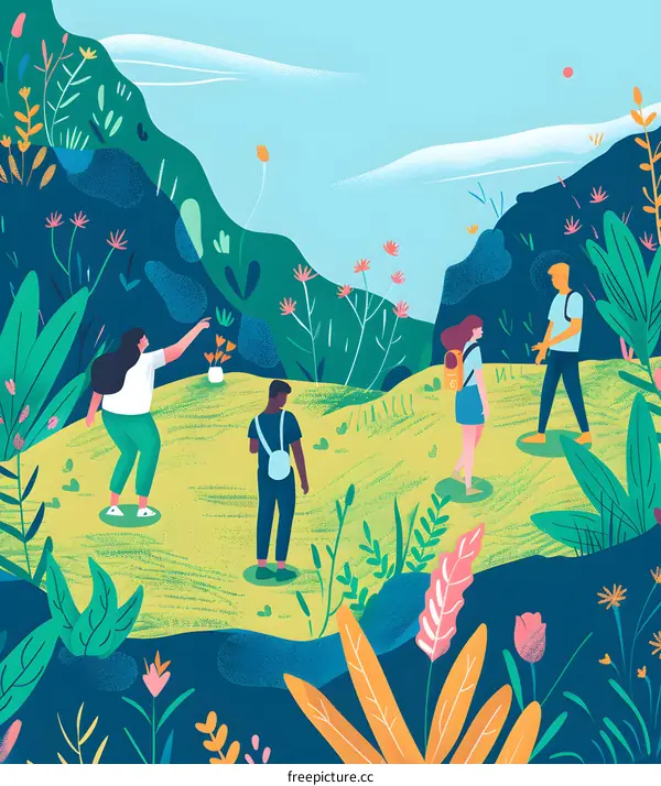 Four Friends Exploring a Lush Green Landscape
