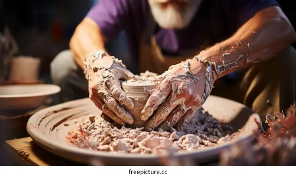 A potter is making a bowl out of clay on a pottery wheel