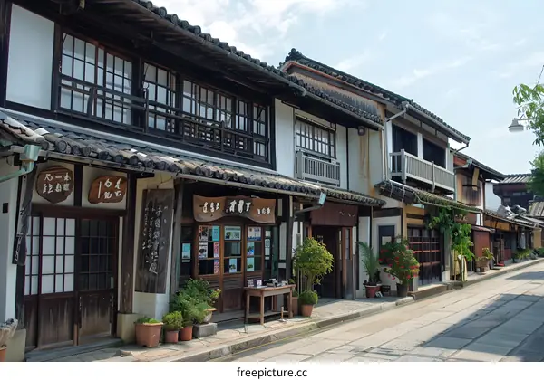 Japanese traditional houses along a narrow street