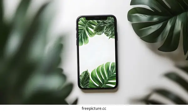 Smartphone Screen with Tropical Leaves Wallpaper