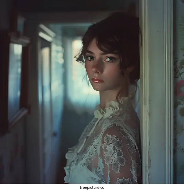 Portrait of a Young Woman with Freckles in a White Lace Dress