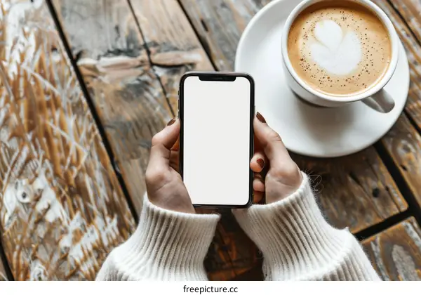 A woman holding a smartphone with a blank screen