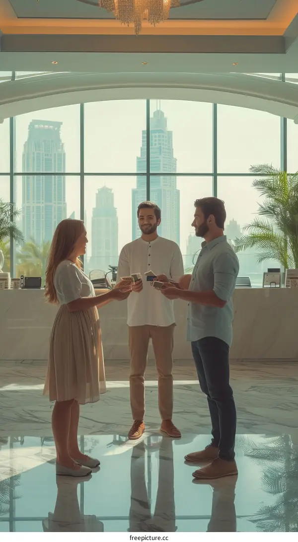 Three people standing in a hotel lobby talking and smiling