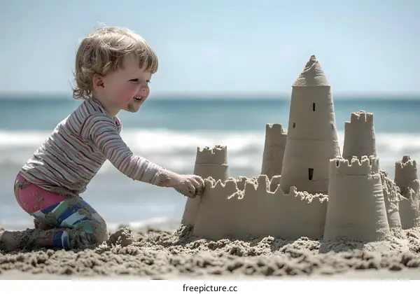 Little Girl Building Sandcastle on the Beach