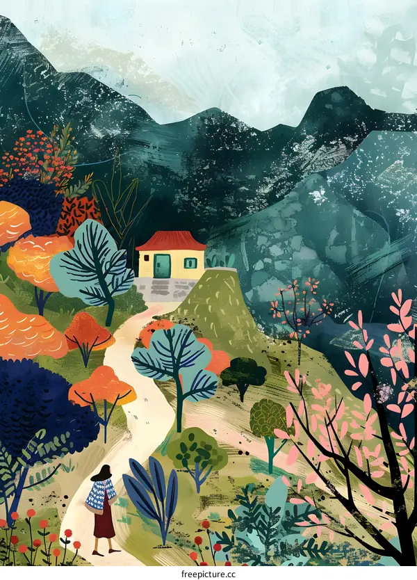 Woman Walking on Path Through Forest to Small House in Mountains