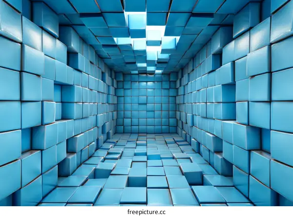 Blue 3D Room With Bright Light Shining Through Hole In Ceiling