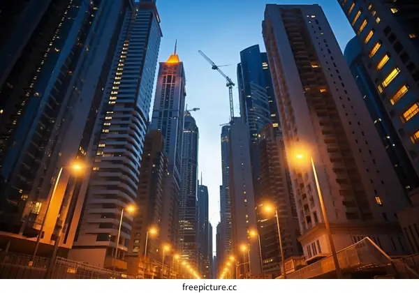 Modern city street with skyscrapers at night