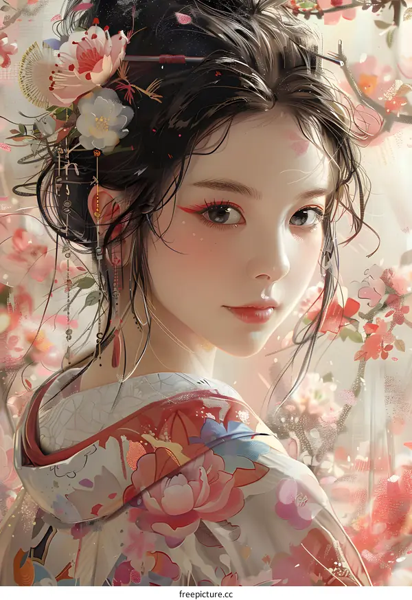 An Asian woman with pink flowers in her hair and a pink kimono with white and blue flowers.