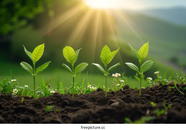 Four green seedlings growing in the soil with a bright sun in the background