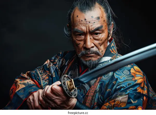 Portrait of a determined elderly Asian man holding a sword