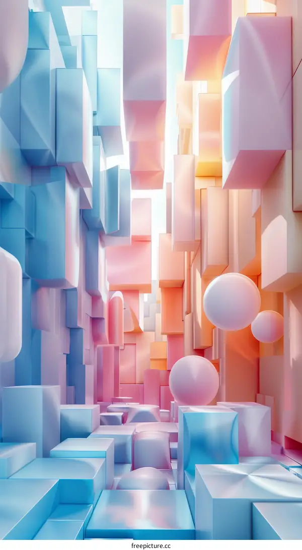 Pink Pastel 3D City Render with Floating Spheres