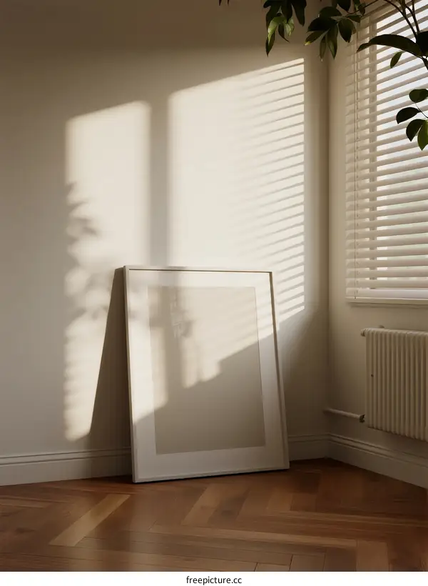 Sunlit empty frame leaning against wall in bright room with plants