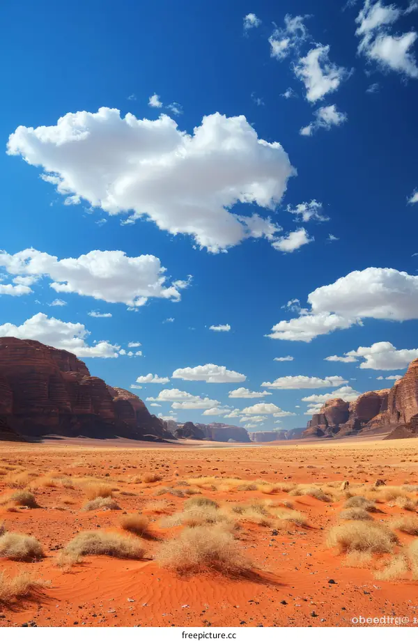 A vast desert panorama with red rocks and blue sky