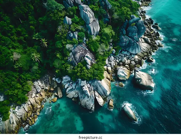 Aerial View of Lush Green Island with Rocky Coastline and Clear Blue Ocean