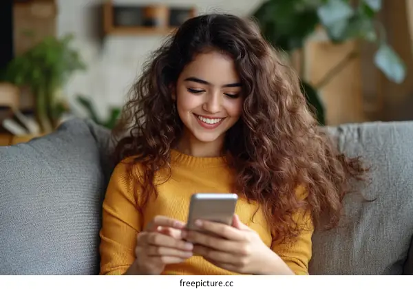 Smiling Woman Using Mobile Phone on Couch