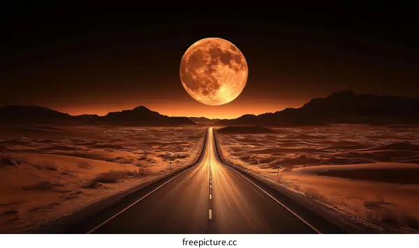Vast Desert Highway Under a Blood Moon