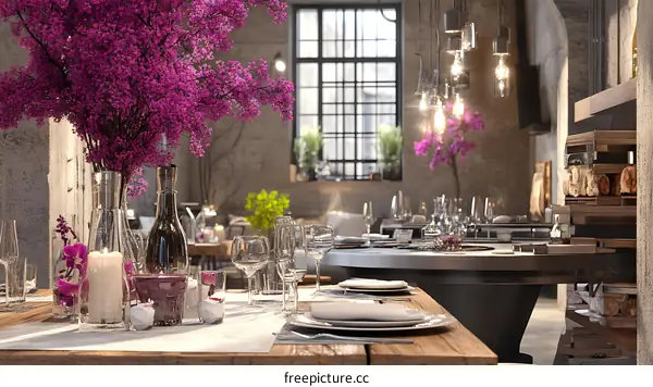 Industrial Style Restaurant Interior with Elegant Table Setting