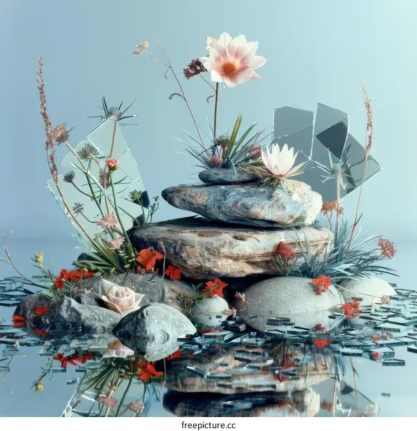 Still Life with Rocks, Glass, and Flowers: A Study in Texture and Light
