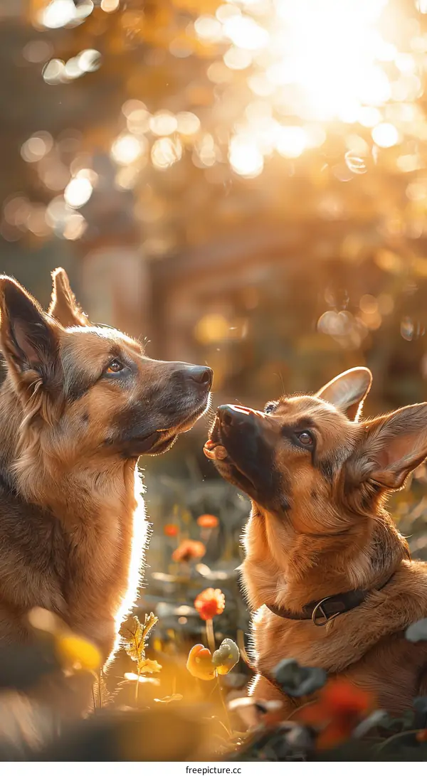 Two German Shepherds looking at each other in a field of flowers