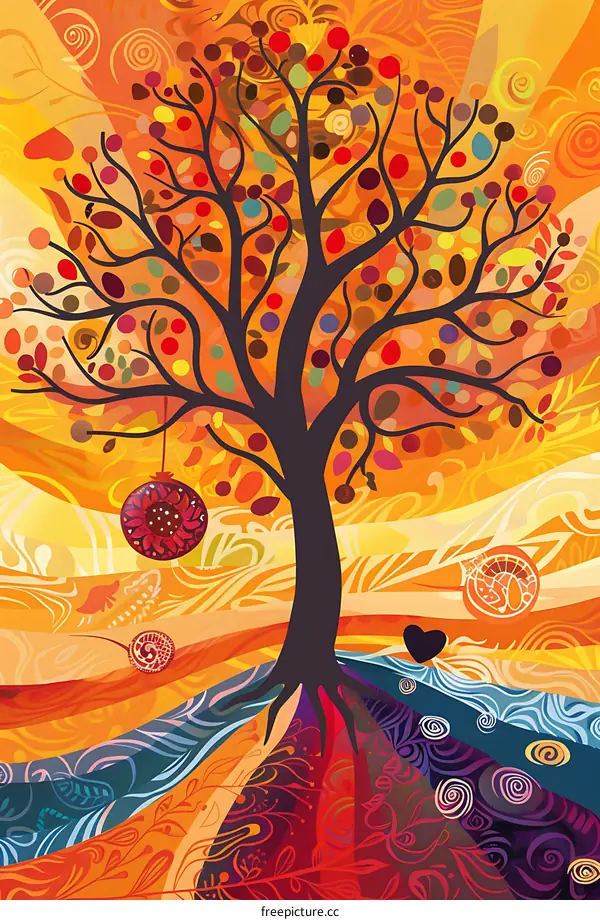 Abstract Colorful Tree With Heart Shaped Ornament