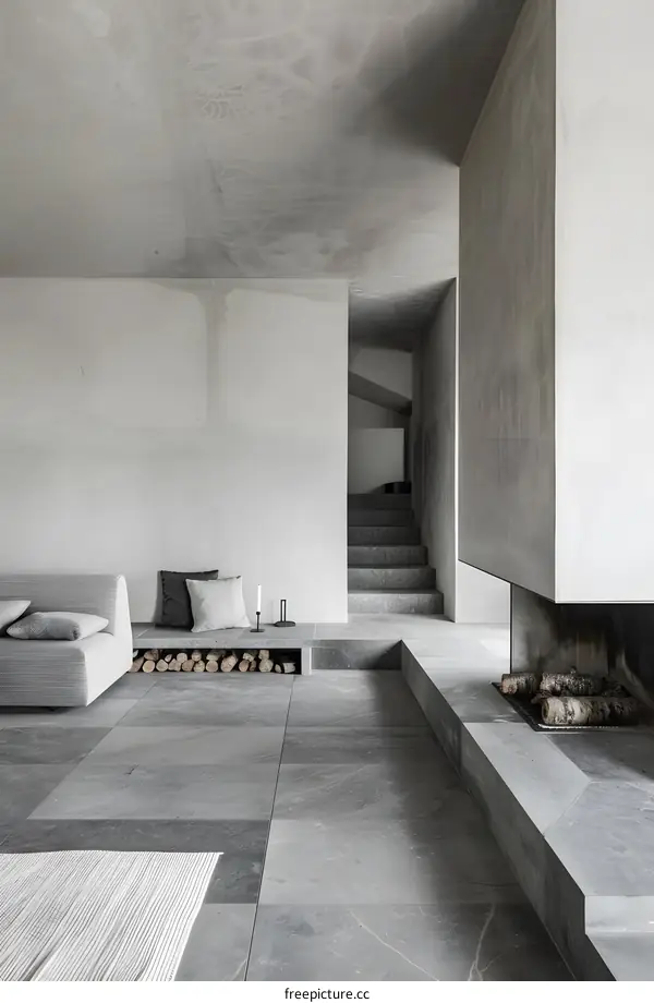 Modern Minimalist Concrete Fireplace Design with Grey Flooring and White Walls
