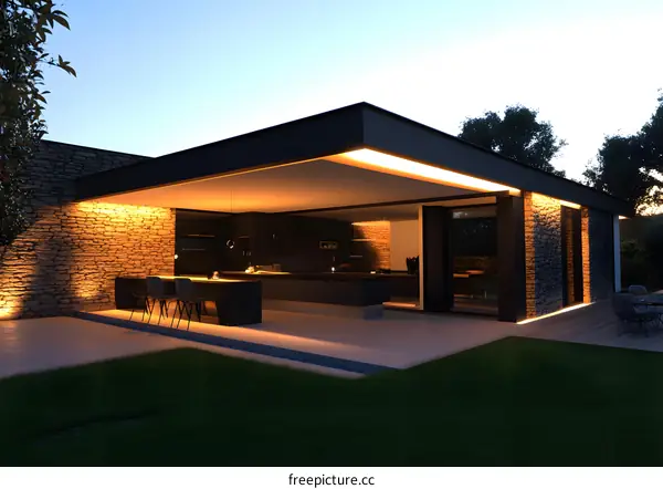 Modern Home Exterior Design with Illuminated Terrace