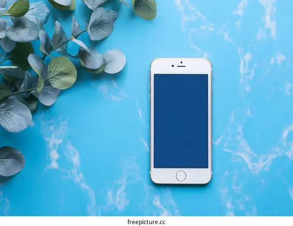 White Smartphone With Eucalyptus Branches On Blue Marble Background