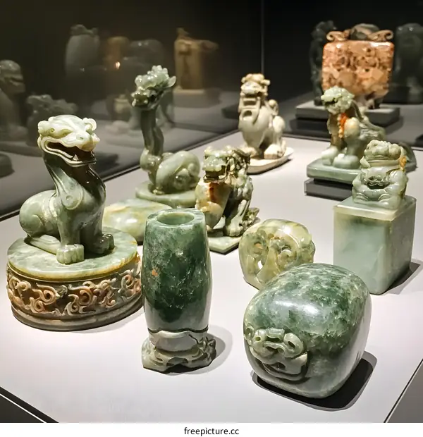 Ancient Jade Carvings on Display in a Museum Setting