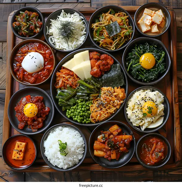 A variety of Korean side dishes are served in black bowls on a wooden table.