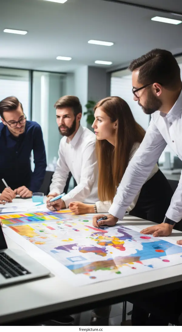Colleagues discussing a project in the office