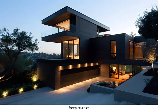 Modern Black House with Large Windows at Dusk
