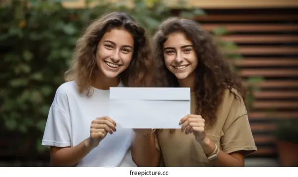 Two young women holding a blank envelope