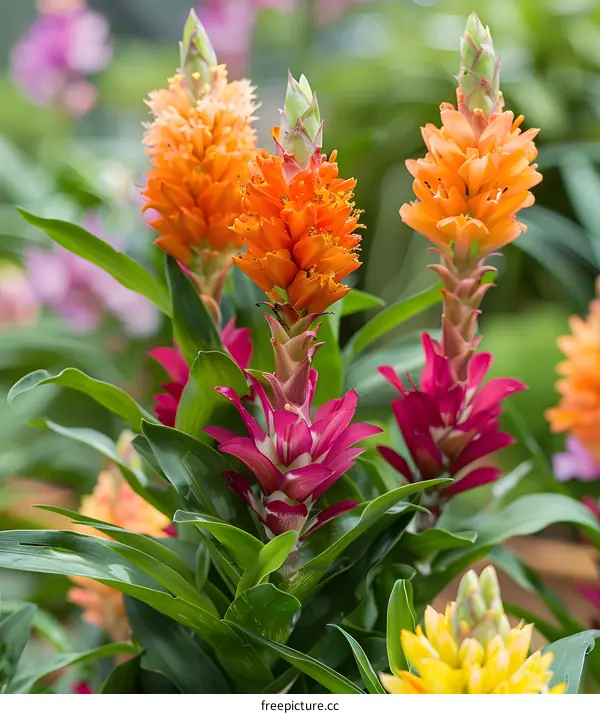 Close Up of Colorful Bromeliad Flowers in Bloom