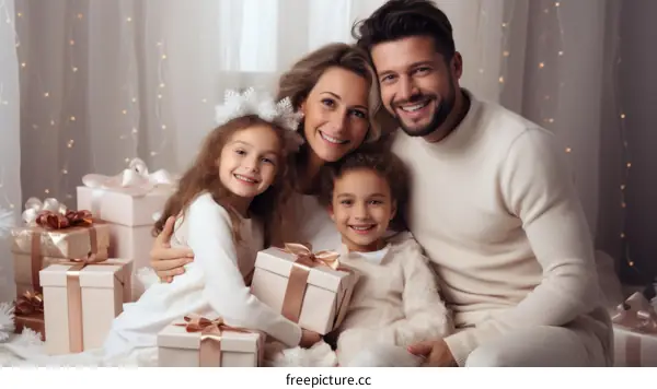 Happy family of four with two children opening presents on Christmas morning