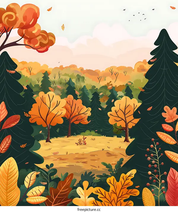 Autumn Forest Illustration With Falling Leaves