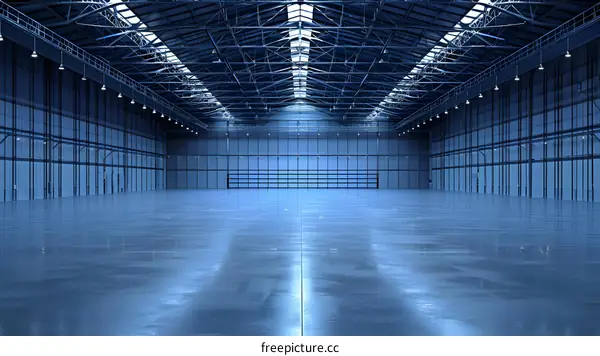 Empty Large Industrial Warehouse With Steel Beams And Concrete Floor