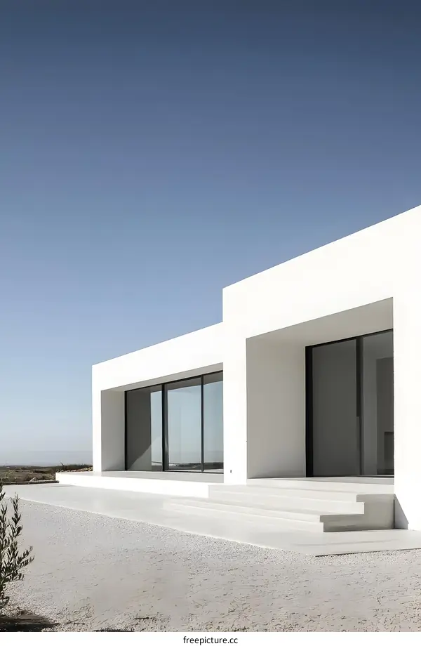 Minimalist Modern White House Exterior With Clear Glass Windows and Steps