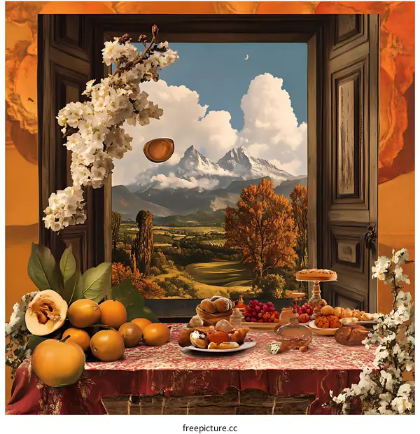 Mountain View Through A Window With Table Of Food