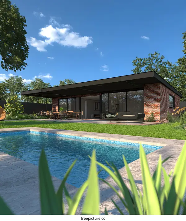 Modern Brick House with Pool and Backyard